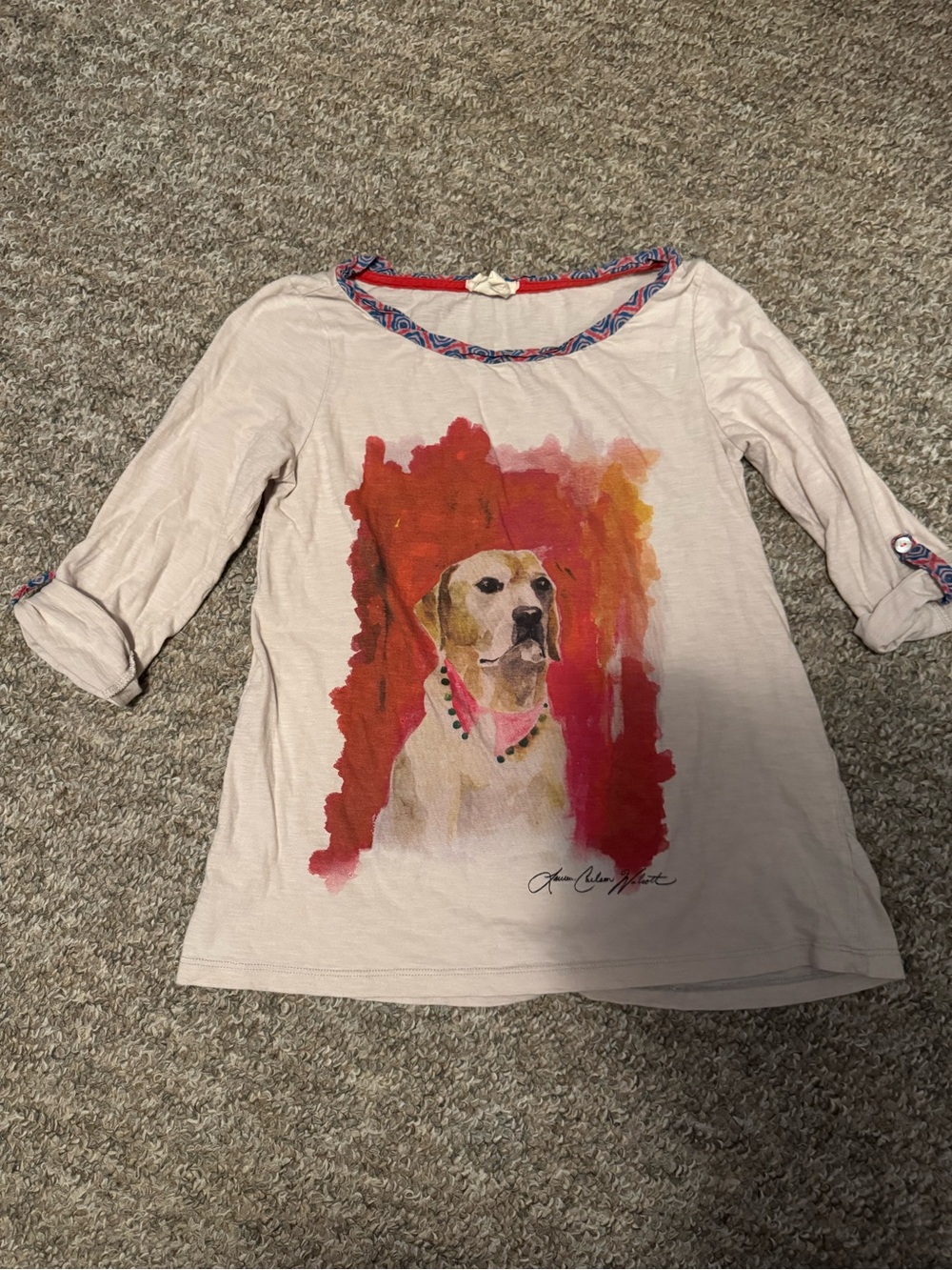 Meadow Rue from Anthropologie Cream Long Sleeve Top with Colorful Dog Print